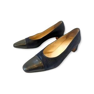 Vintage Salvatore Ferragamo Dark Navy Blue Cap Toe Textured Leather Heel Sz 8